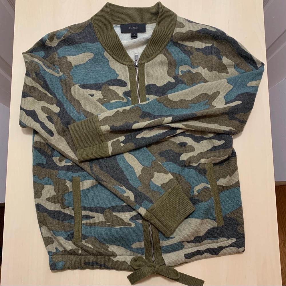 J Crew Camo Zip Up Cardigan with Tie Bottom